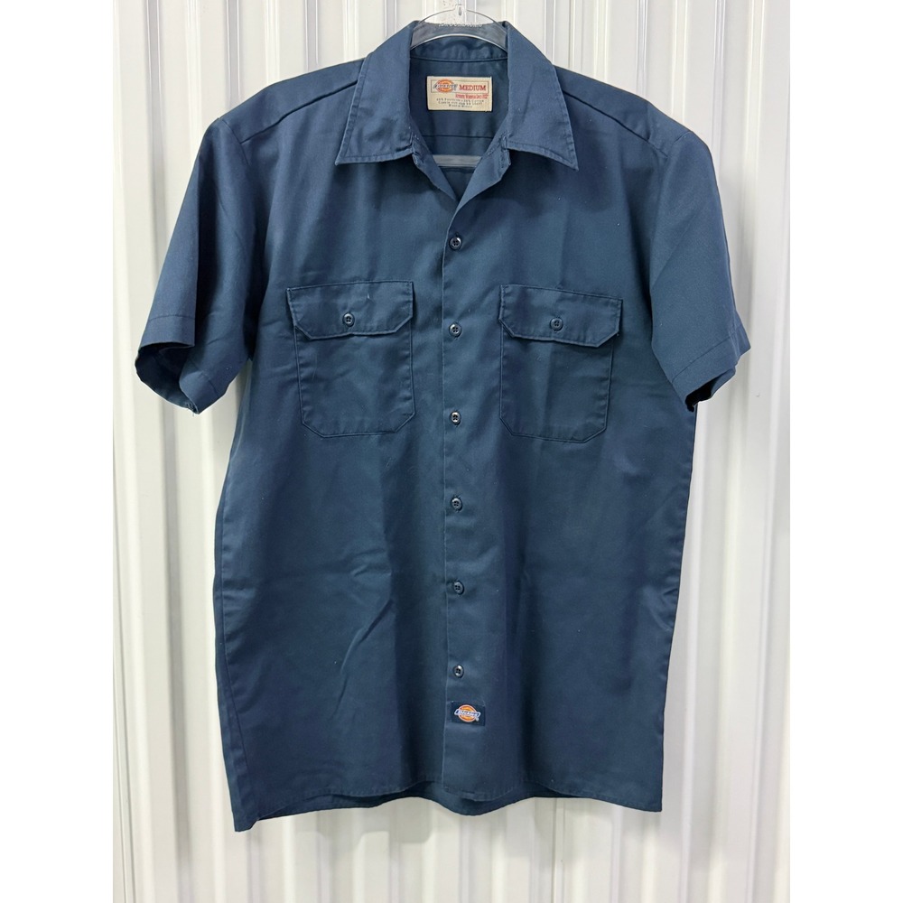 Dickies Work Shirt Men Medium Navy Blue Good Short Sleeve Button Up Utility